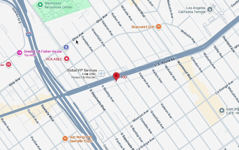 Map of Global VIP Services at 11022 Santa Monica Blvd, on the Service Road opposite the Porsche dealership
